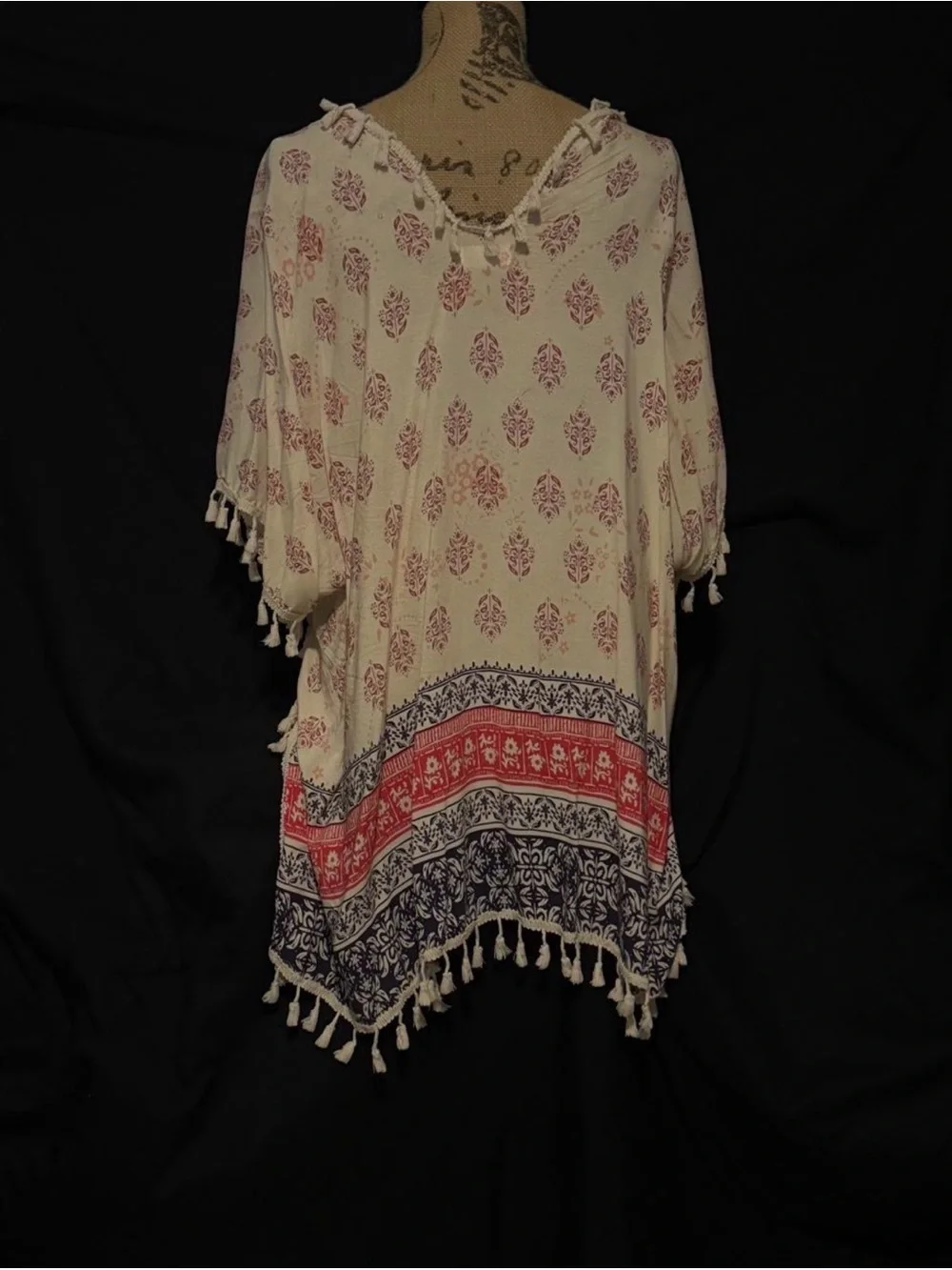 Tassel-Trim Open-Front Kimono Cover-Up in Cream with Red and Navy